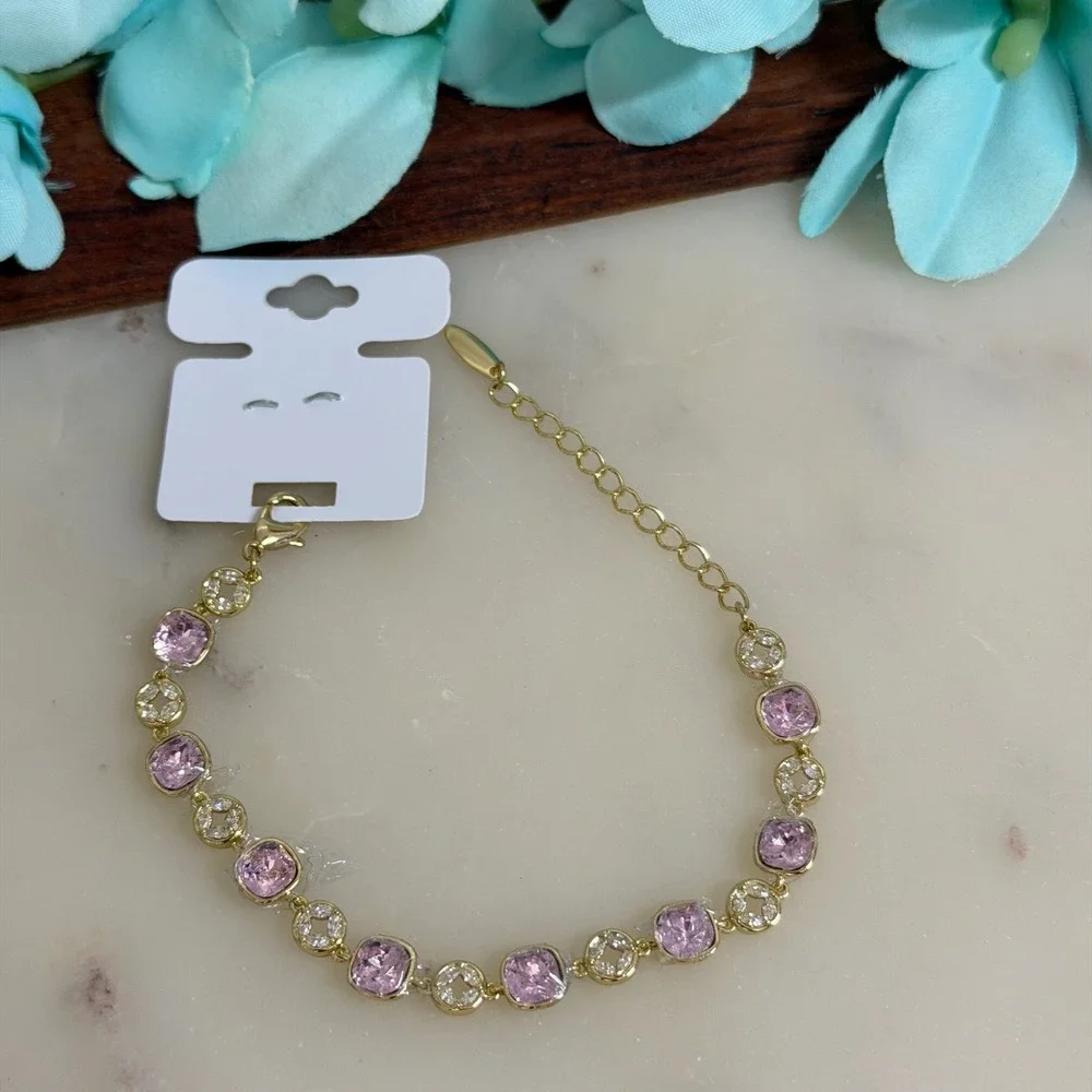 14K Gold Plated XP Pink Crystal Gold Tone Pave Link Bracelet Adjustable
